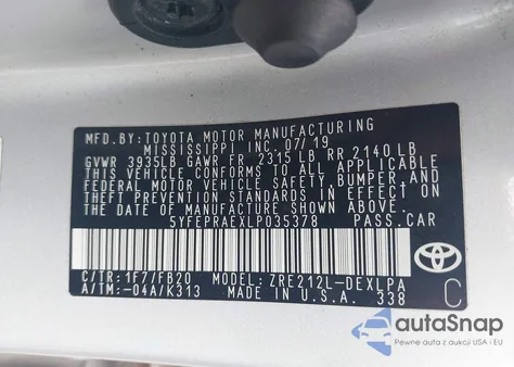 2020 Toyota Corolla Le from USA, damaged, VIN 5YFEPRAEXLP035378